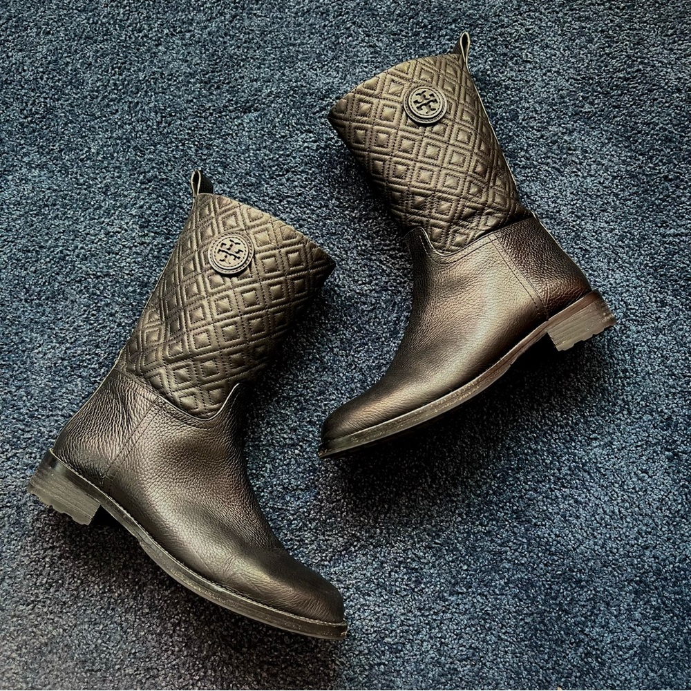 10.5 Women’s Tory Burch Black Leather Moto Boots w/ Lug Sole